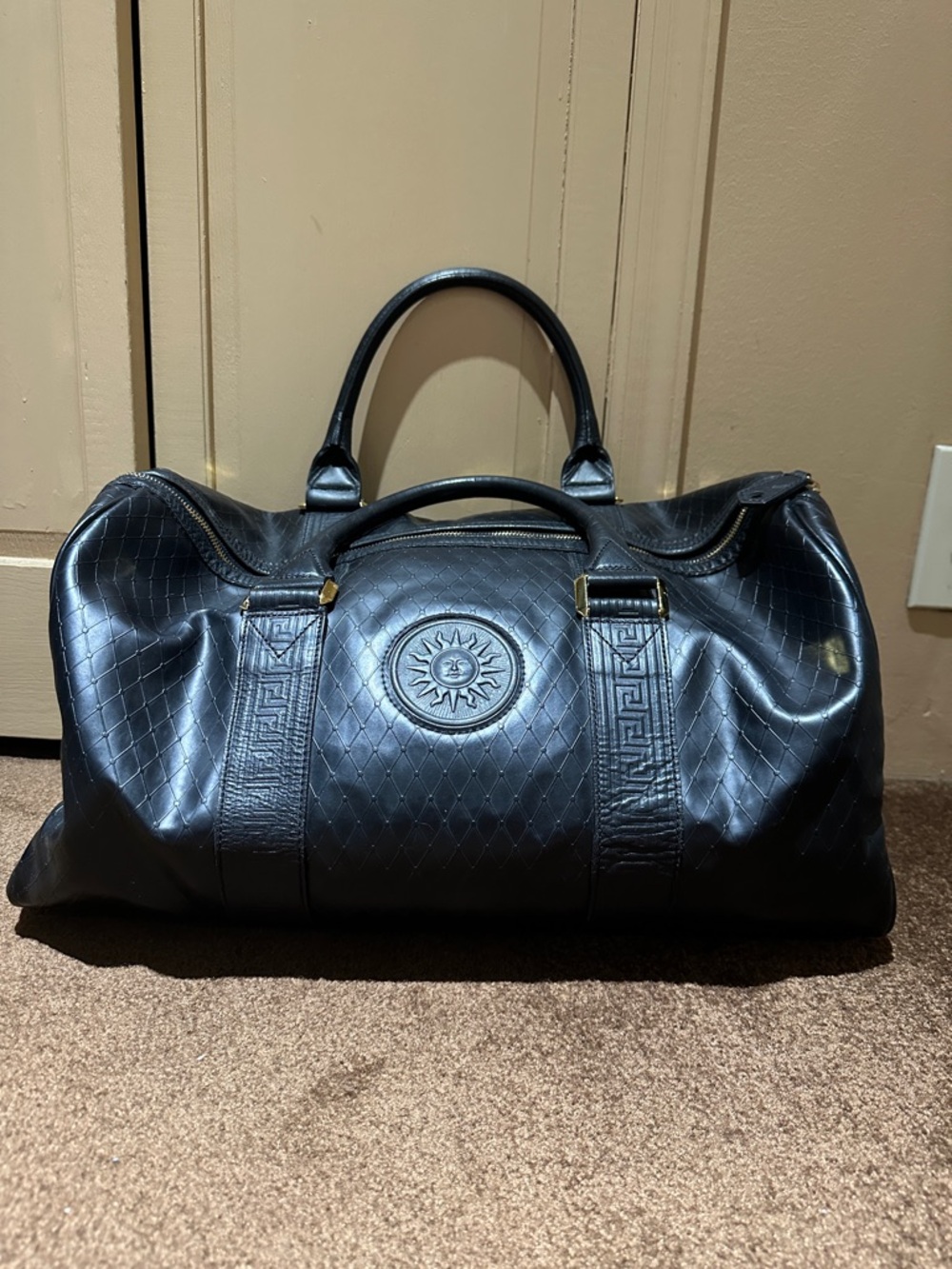 Gianni Versace Black Leather Men's Medusa Head Boston Bag